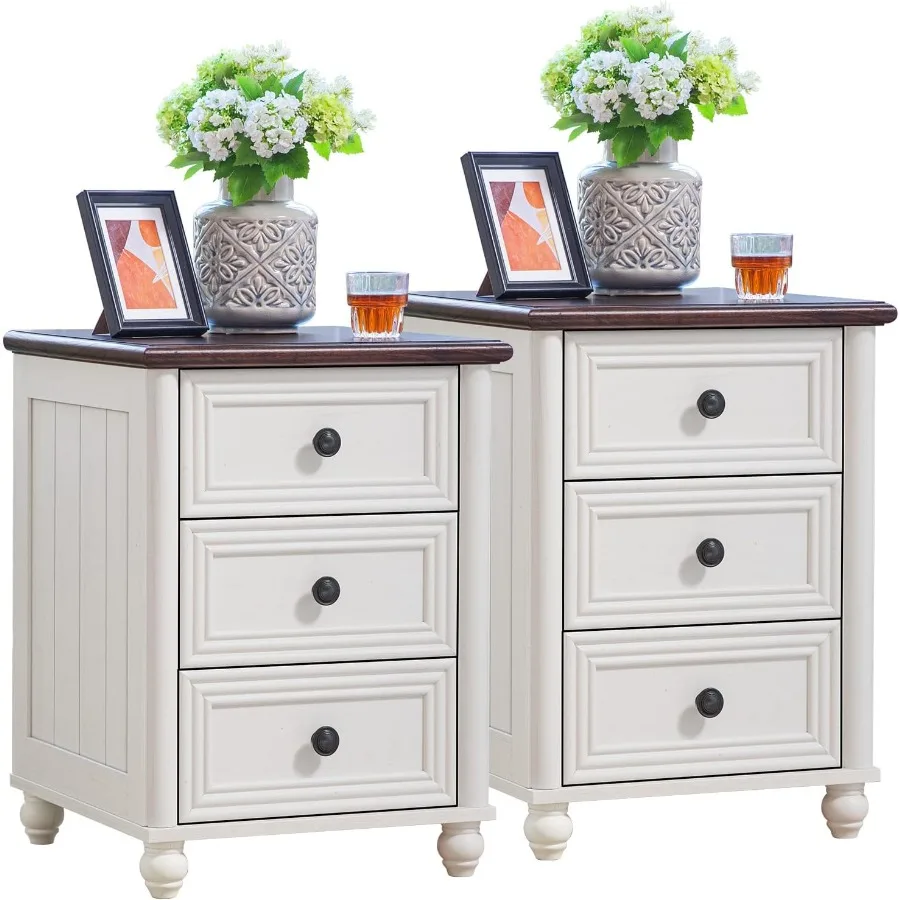 18 Night Stand Set 2, Nightstand for Bedroom, Solid Wood, Walnut Brown, Rustic Design with Two Drawers and Open Shelf