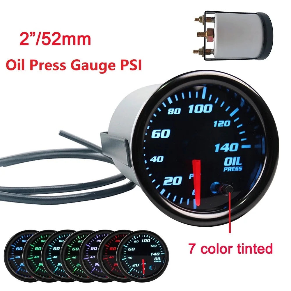 BAOLUN   2'' 52mm Oil Pressure Gauge  0-140 PSI  Oil Press Meter With Sensor 7 Color Tinted Car Digital LED