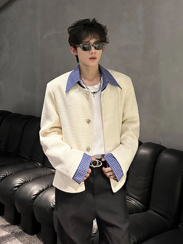 

Мужская куртка TANGZ Studio с отложным воротником, в клетку, с лоскутными вставками, из роскошной полиэстеровой ткани, для осеннего сезона, повседневная одежда