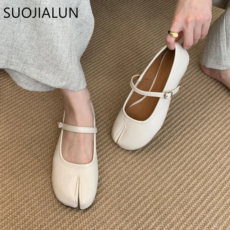 SUOJIALUN 2025 Autumn Women Flat Shoes Fashion Split Toe Slip On  Mary Jane Ballet Shoes Soft Flat Heel Outdoor Casual Single Sh