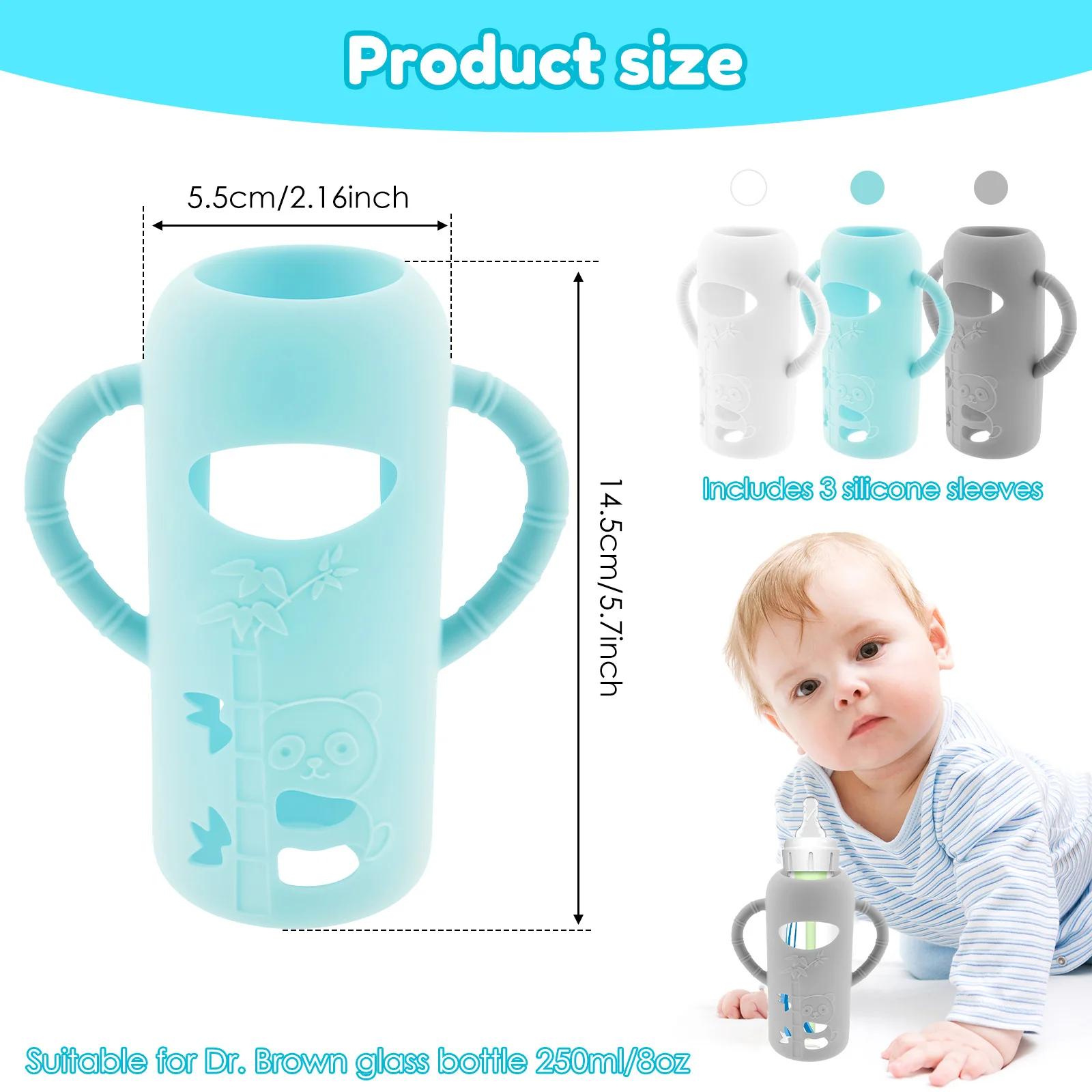 3Pcs Baby Bottle Sleeves with Handle Drop Protection Baby Bottle Sleeve Silicone Cover Compatible with Dr. Brown's 8oz/250ml