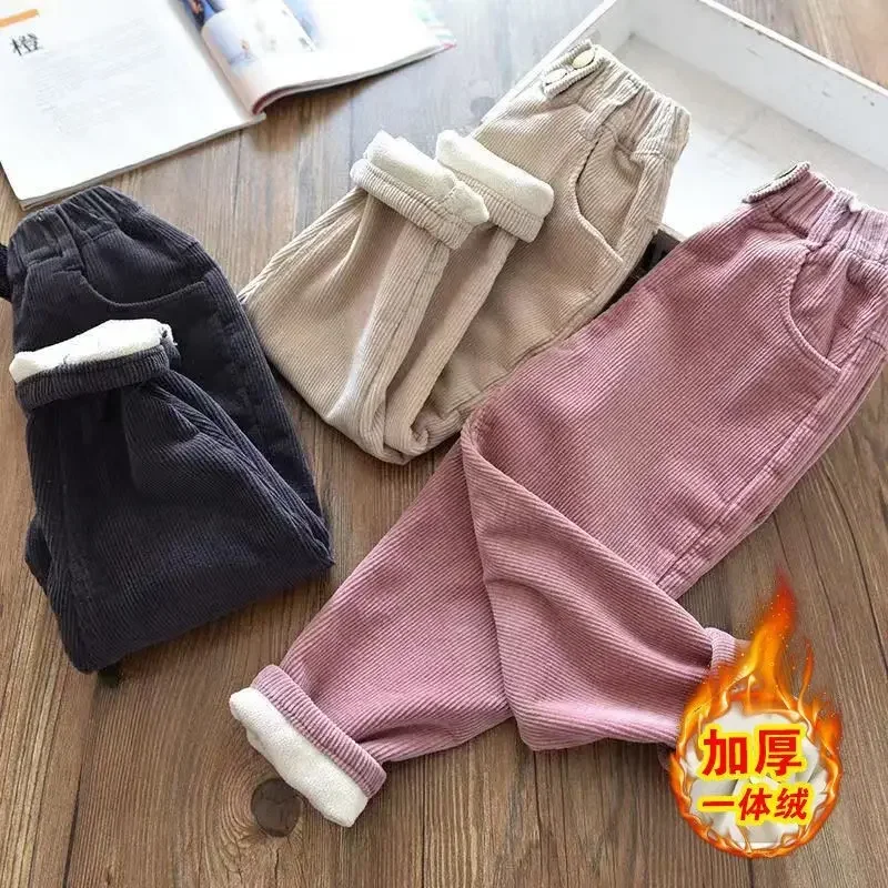 Velvet Lined Corduroy Kids Harem Pants Winter New Elastic High Waist Warm Boys/Girls Pantalones Baggy Thick Plush Children 2025