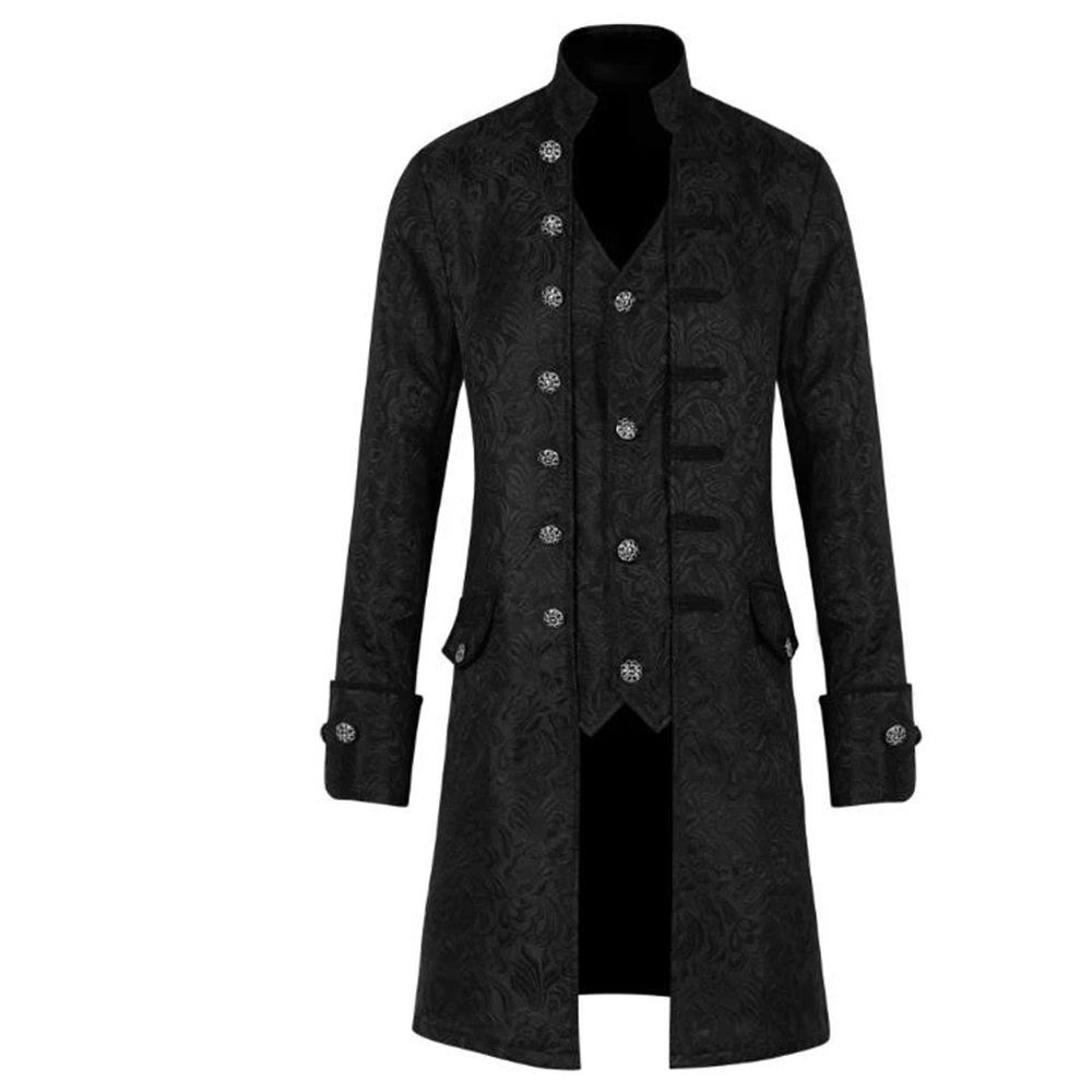 

European American Outerwear Men Coat Solid Color Fashion Steampunk Retro Overcoat Femen Uniform Stand Collar Coat Dress Up Tops