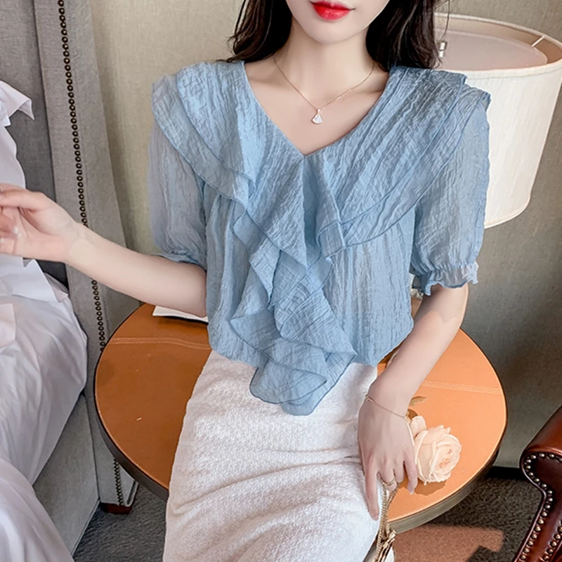 Vintage Summer Chiffon Blouses Women 2024 Elegant Korean Fashion White Ruffles Blusas Mujer Causal Loose Ladies Puff Sleeve Tops