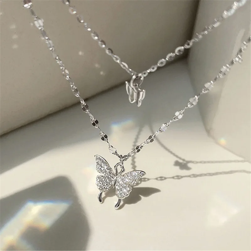 Silver Colour Shiny Butterfly Necklace For women Fashion Double Layer Pendant Clavicle Chain Necklace Wedding Party Jewelry 2021