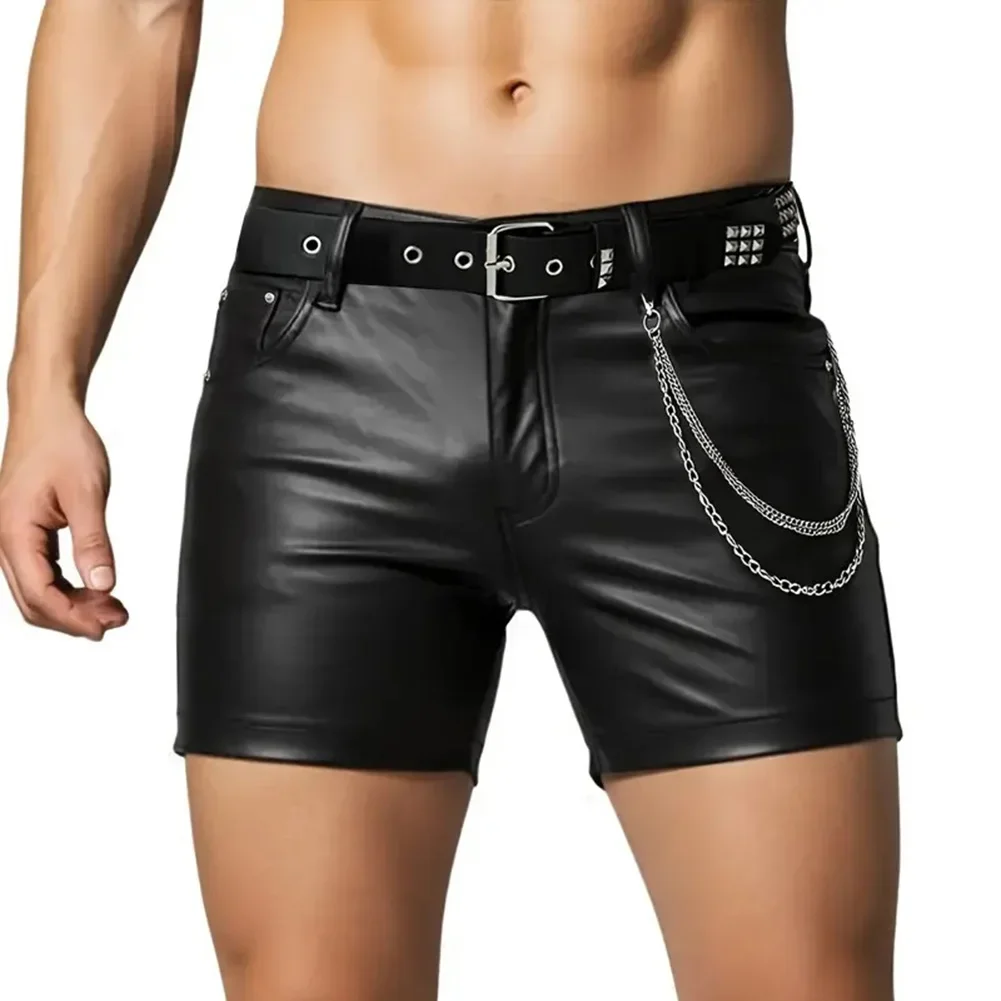 Casual Men's Shorts With Imitation Leather Fabric Pockets Punk Style Hot Pants For Nightclub Wear Straight Knee Length