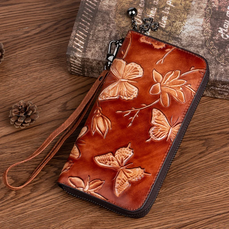 GAGACIA Vintage Embossed Long Wallets For Women Genuine Leather Purse Hand Painted High Quality Butterfly Wallet ID Card Holder