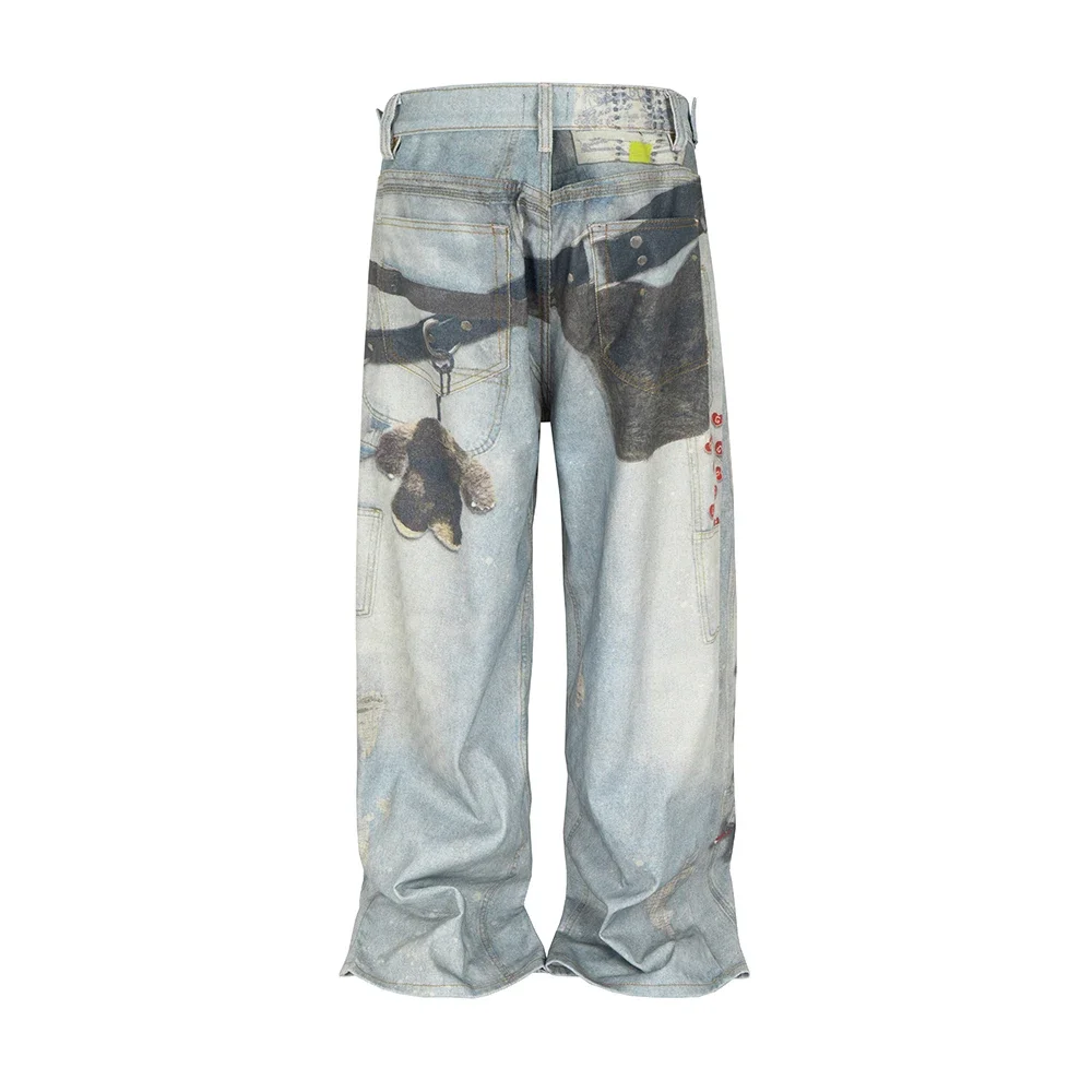 

Multi Key Chain Heart-shaped Digital Printed Bagy Jeans for Men Streetwear Washed Casual Loose Denim Trousers Oversized