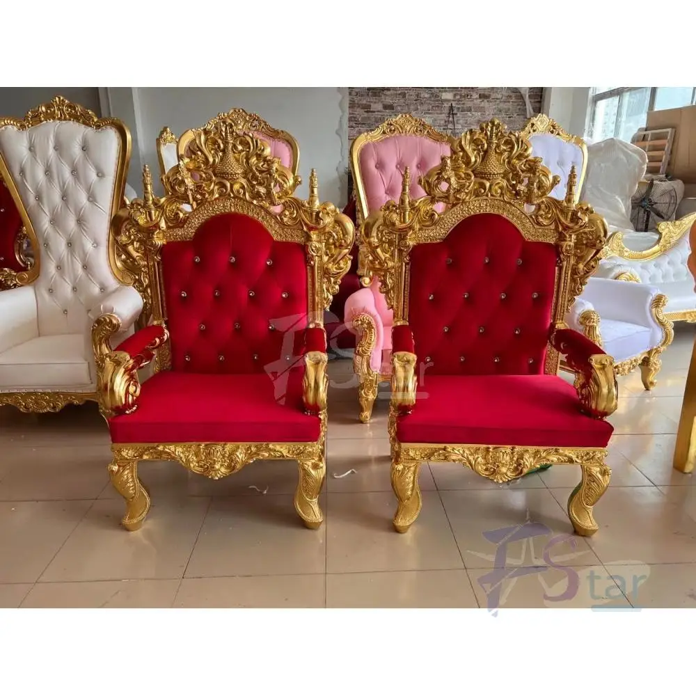 2pcs Cheap China Antique Gold Double Luxury Royal Bride Throne Chairs Wedding for king and Queen