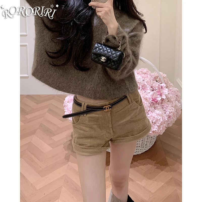 RORORIRI Corduroy Shorts Women Retro Khaki Low Waist Casual Short Pants Slim Fit Booty Shorts Party Club Mini Shorts Winter Wear