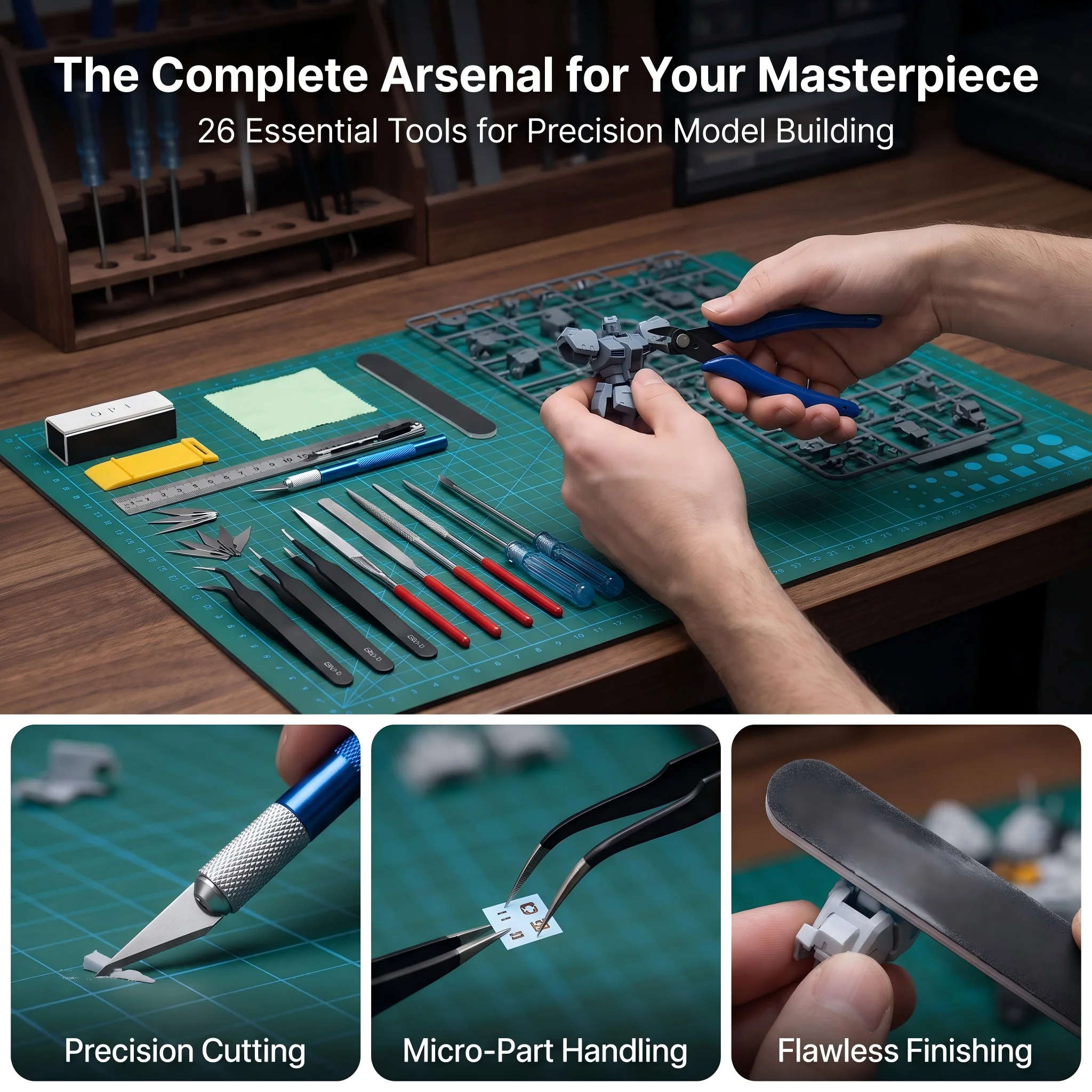 26Pcs Gundam Model Tool Set DIY Hobby Assembly Kit Side Cutter Tweezers Sanding Sticks Hobby Knife for Beginner Model Car Making