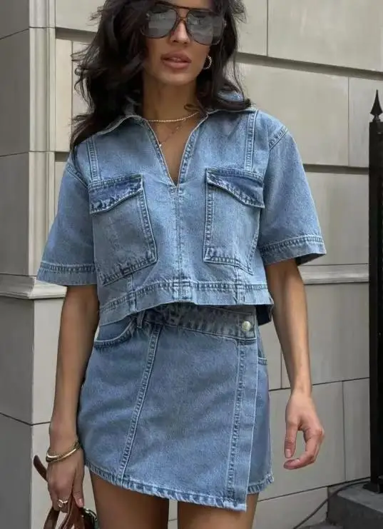 

Utility Denim Set | TikTok Viral V-Neck Top + High Waist Shorts | Y2K Casual Workwear | S-XL f235