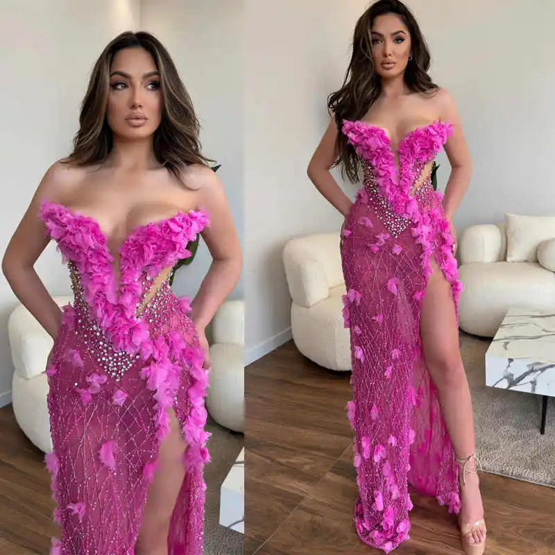 

Великолепные вечерние платья Русалка без бретелек с аппликациями и бисером с высоким разрезом платье для выпускного вечера вечерние платья Vestido De Noite по индивидуальному заказу