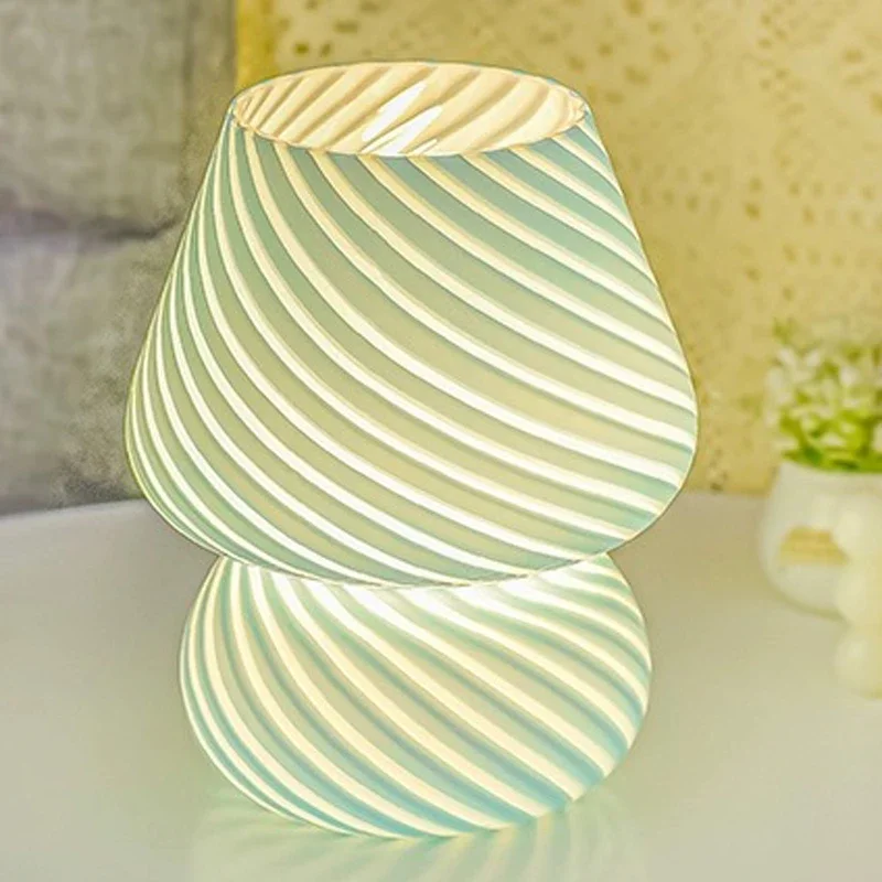 Home Glass Bedside Lamp Vintage Striped Small Mushroom Room Decoration Night light Atmosphere Desk Lamp Bedroom Table LED Lights