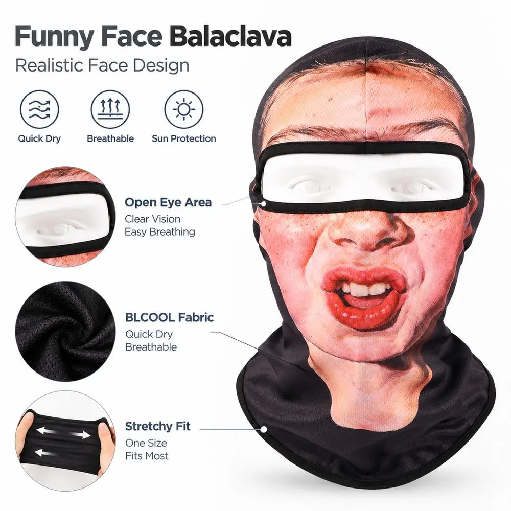 Quick Dry Funny Face Mask Sun Protection Breathable Full Face Headwear Realistic Face Design Full Coverage Prank Face Hood