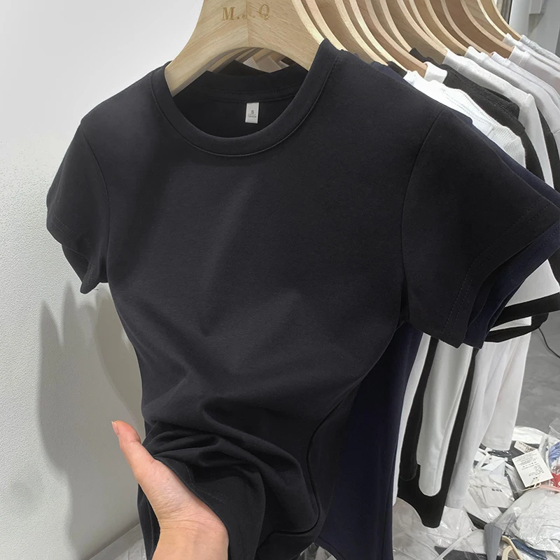 Female Casual Streetwear Basics Tees Summer Slim Fit O-Neck Short Sleeve Cotton T-shirts Women's Fashion New Solid Color Top