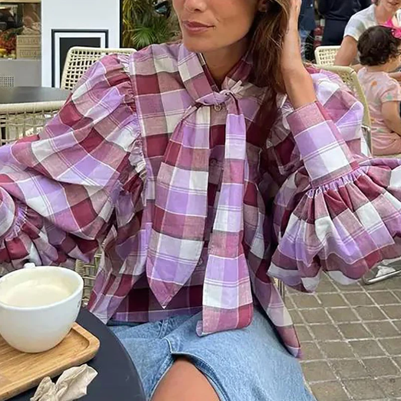 Long Sleeve Plaid Lace Up Blouses For Women 2024 Dressy Casual Loose Lantern Sleeve T-Shirts 2024 Elegant Ladies Commute Top