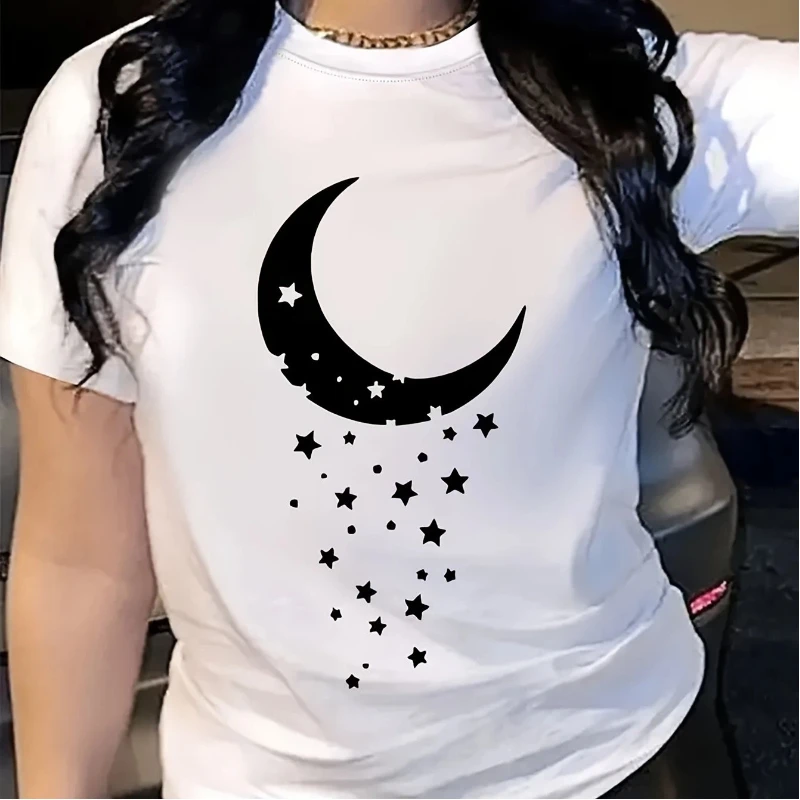

Stars Moon Graphic Print Plus Size Women's Clothing Summer Minimalist Casual O-Neck Short Sleeve Tops Plus Size T-shirts
