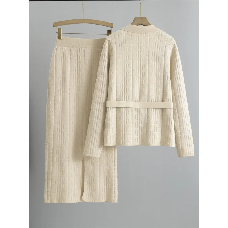 Chic Design Knitted 2 Piece Sets Women Single Breasted Knit Sweater Cardigan Tops With Belt Conjuntos High Waist Skirts Outfit view 4