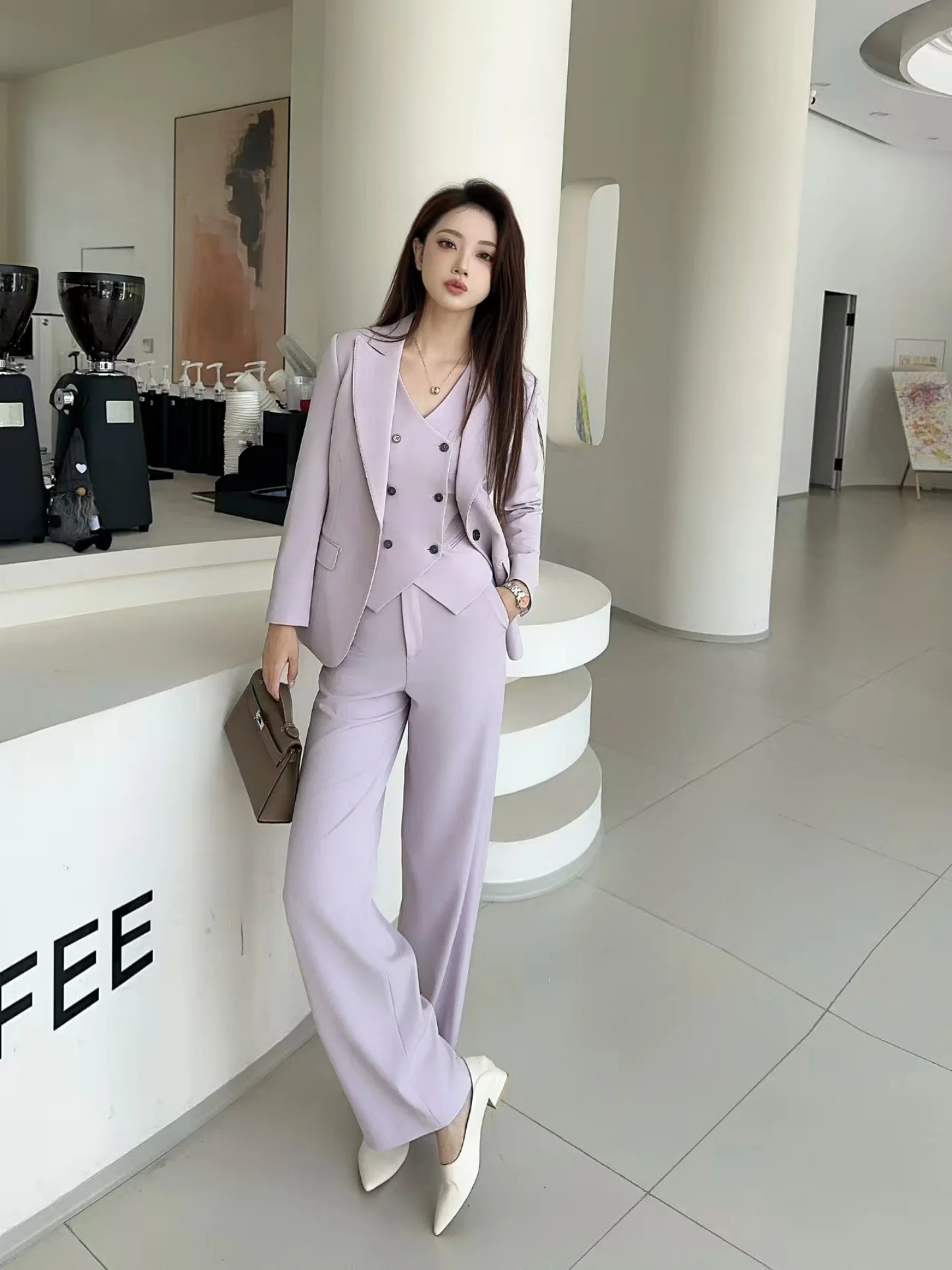 

Pink Purple Suit Vest Tee-Piece Set Straight Leg Pants White Enhancing Profional Host Outfit Commute Ready Women's Wear