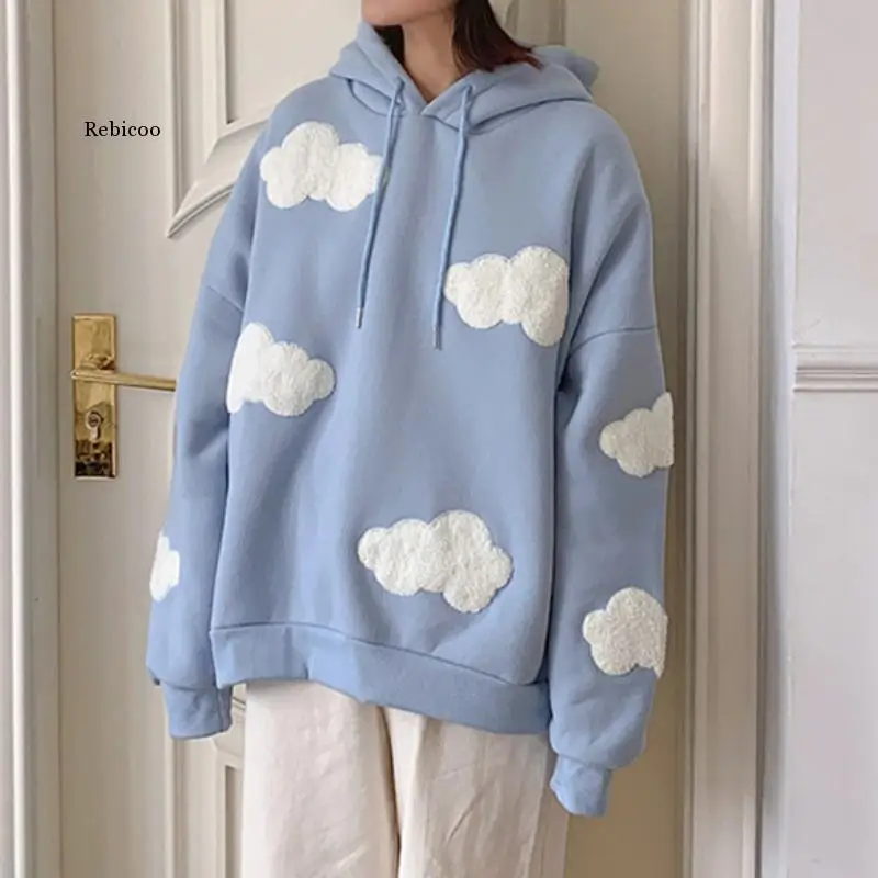 

Blue Sky White Clouds Soft Stylish Hooded Tops Women Autumn Winter Long Sleeve Casual Pullover 2022 Lady Jumper Loose Sweatshirt