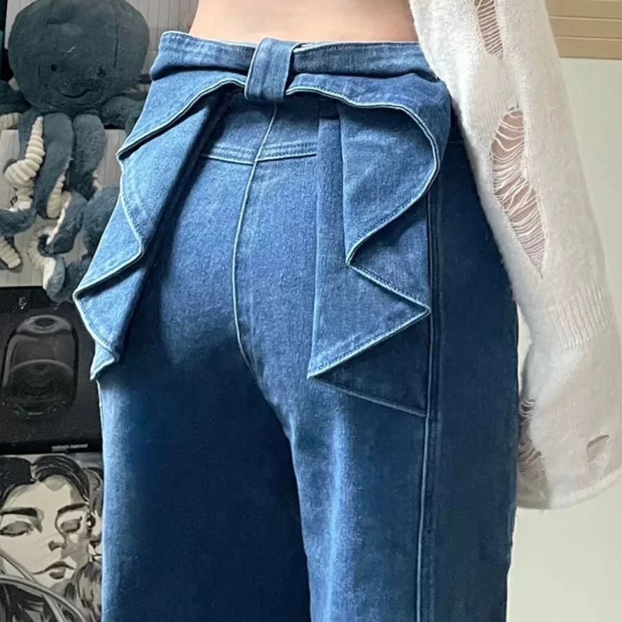 Jeans mit Schleifendetail für Damen, Hose mit hoher Taille und weitem Bein, Vintage-Blau, schlankmachende schmale Palazzos für den Herbst