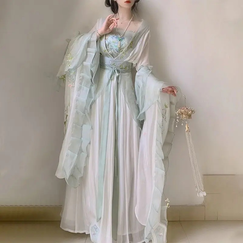 Hanfu Frauen chinesische traditionelle Stickerei Bühne Tanz kleid weibliche Fee Cosplay Kostüm Sommer Hanfu grün weiß Kleid Geschenk