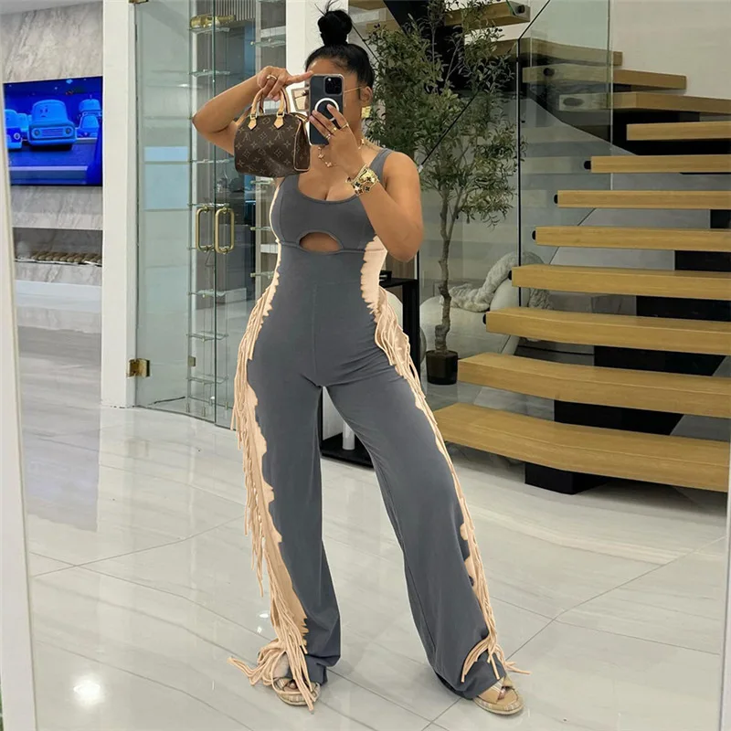Damski kombinezon bez ramiączek z frędzlami, letni, elastyczny, bez rękawów, z dekoltem typu tank, seksowny, długi kombinezon.