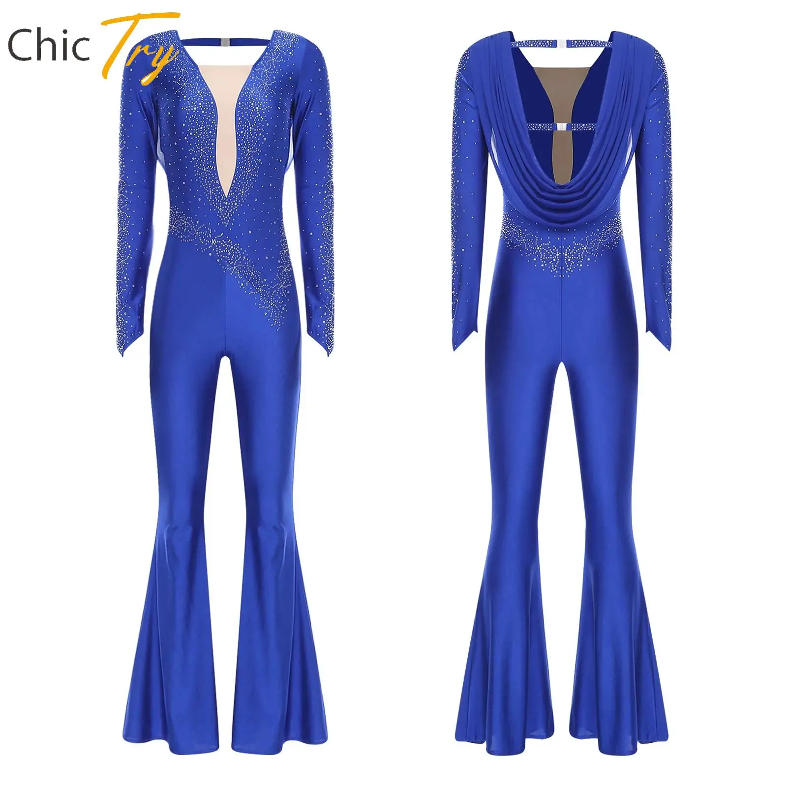 

Womens Glittery Rhinestone Latin Dance Rompers Long Sleeve Ruched Mesh Overlay Bell Bottom Long Pant Jumpsuit Cha-cha Dancewear