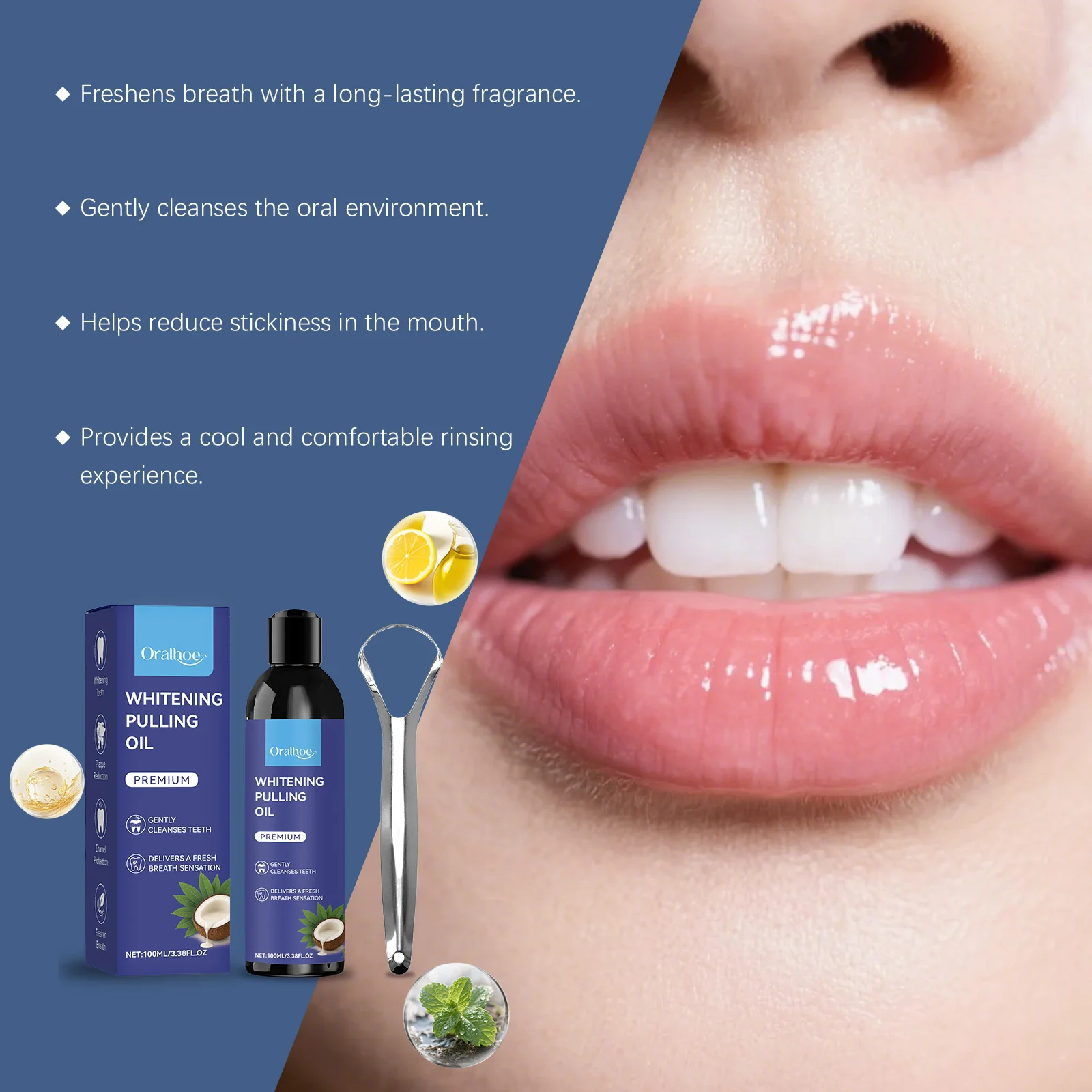 زيت سحب جوز الهند مع مكشطة اللسان تبييض الأسنان نظافة الفم التطهير التنفس الطازج خالية من الكحول إزالة الرائحة غسول الفم #6