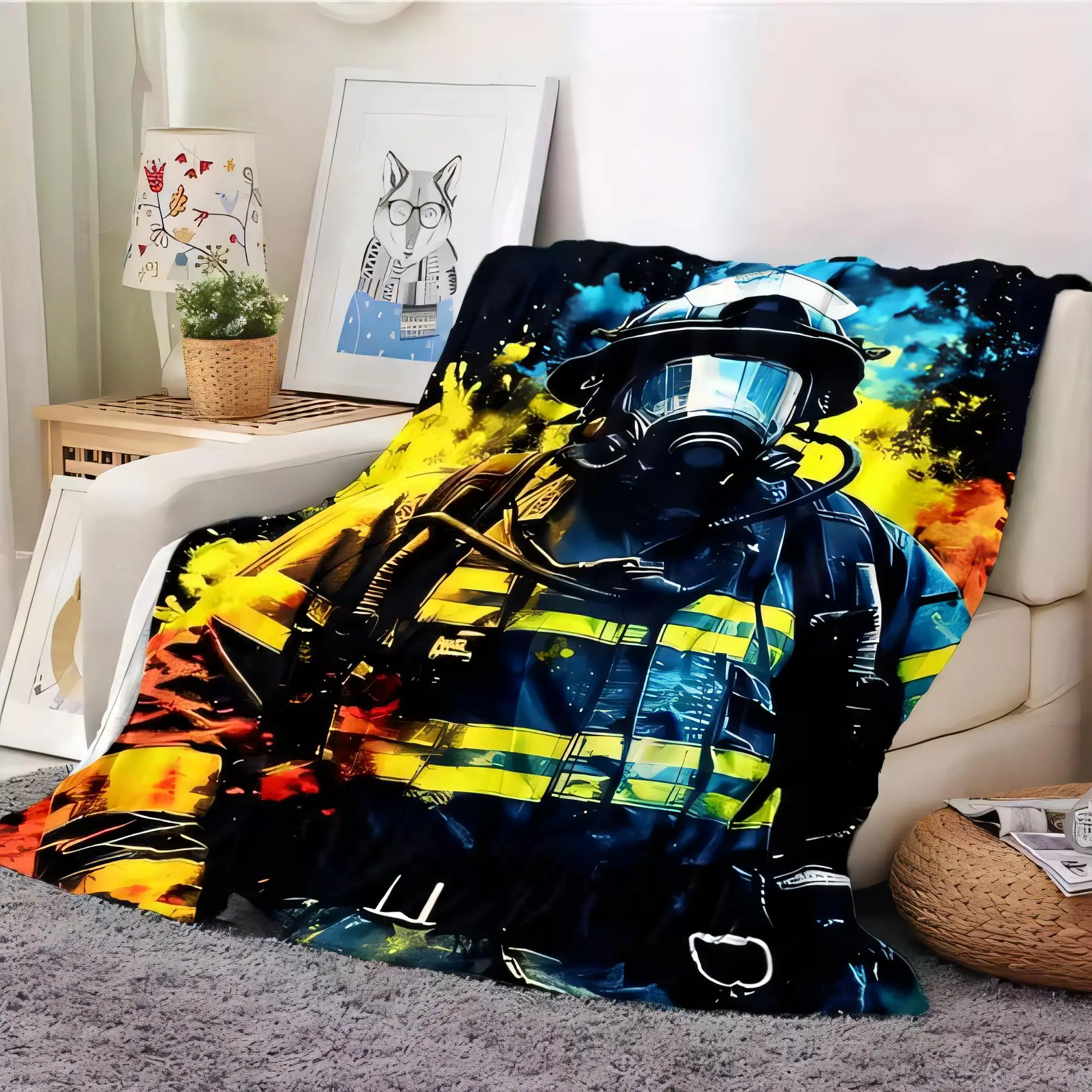 Firefighter Blanket Artistic Throw Cozy Soft Plush Sofa Decor Vibrant Colors Yellow Blue Red Illustration Gift for Kids Home Dec