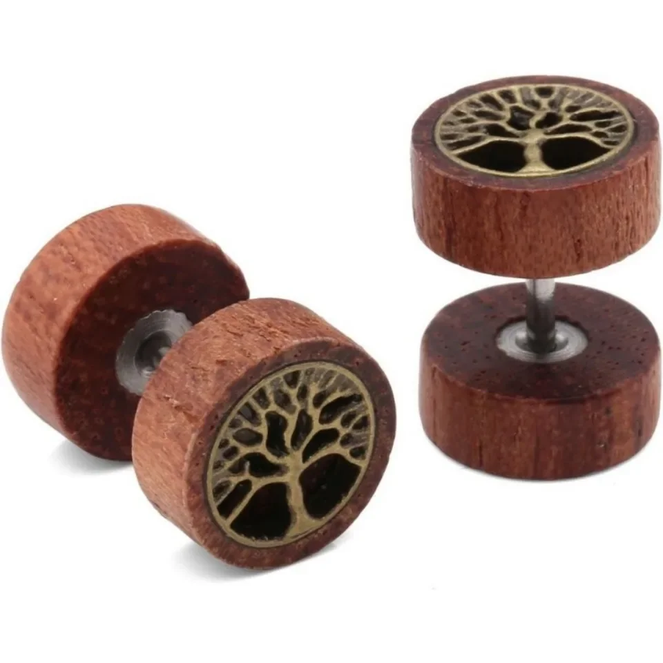 2 Stück Bio-Holz-Löwenkopf/Baum des Lebens/Totenkopf Fake/Alien Fake Ohrringe 16G Illusion Schraubohrringe Piercing Schmuck 10mm – Detail 4