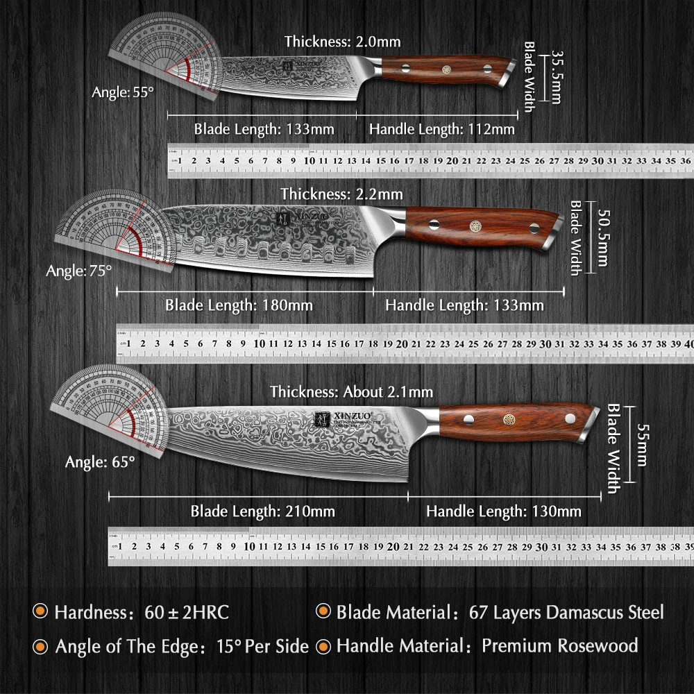 XINZUO 3PCS Kitchen Knife Set 67 Layers Damascus Steel Blade High Hardness Kitchen Knife Premium Rosewood Handle Kitchen Tools