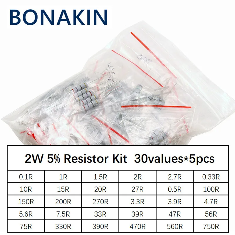 New Carbon Film Resistor Kit 0.1R -750R ohm 2W 5% 30Kinds *5pcs= 150PCS/Set