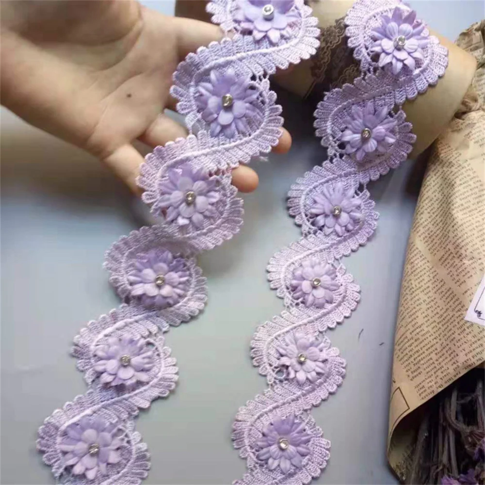 

20pcs/lot Purple Cotton Pearl Flowers Leaf Embroidered Lace Trim Ribbon Fabric Sewing Supplies Craft For Garment Hat Decoration