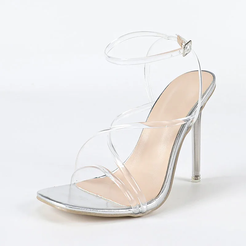 الصيف الربيع أزياء ضيق الفرقة السيدات خنجر الكعوب أحذية الإناث المفتوحة تو الصنادل شفافة صندل كعب عالٍ للنساء