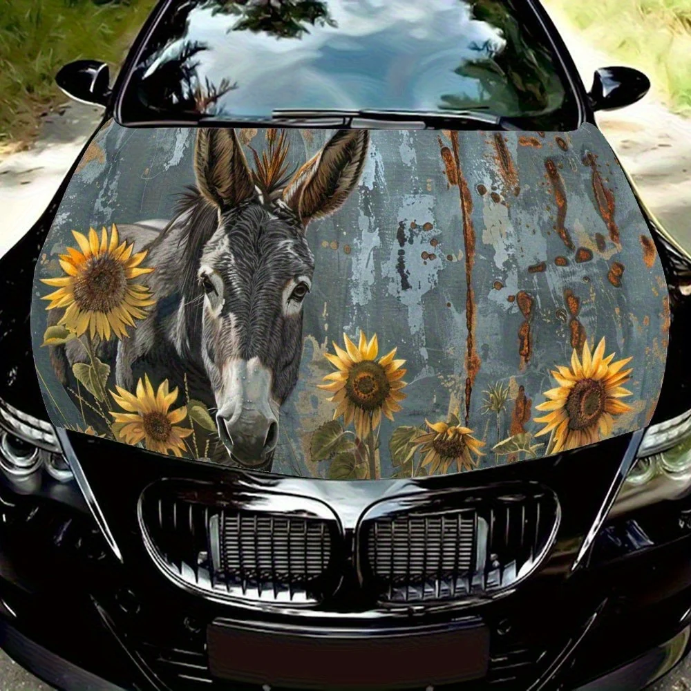 Cheerful Donkey Sunflower Bloom Art Car Vinyl Wraps, Engine Hood Decal Sticker, Splash-Resistant, Easy Removal, Durable Personal