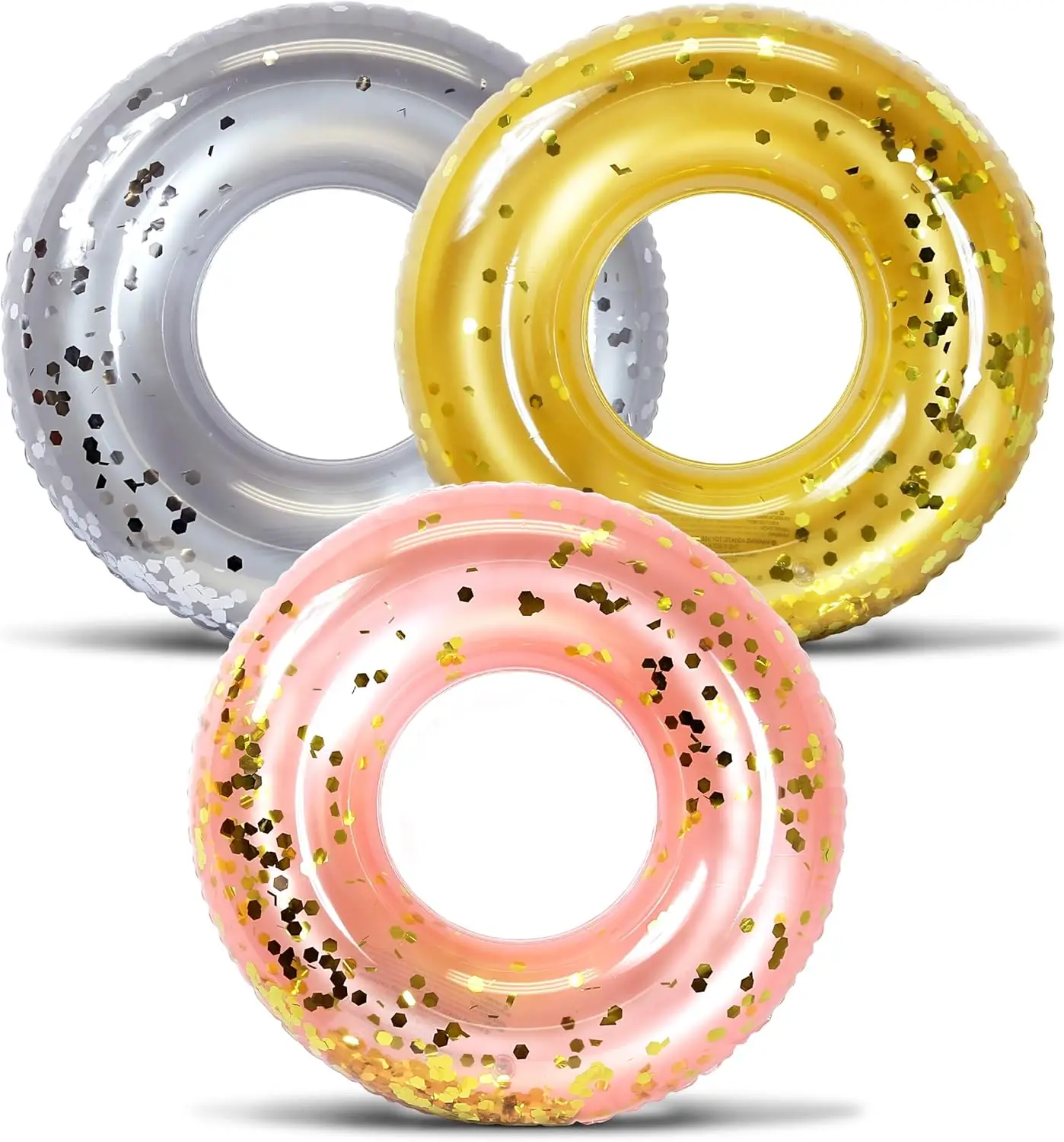 

Silver Gold and Rose Gold Inflatable Pool Floats Tube Set of 3 Premium Fun Confetti Swim Rings Toys Adult and Kids Pool Float Wa