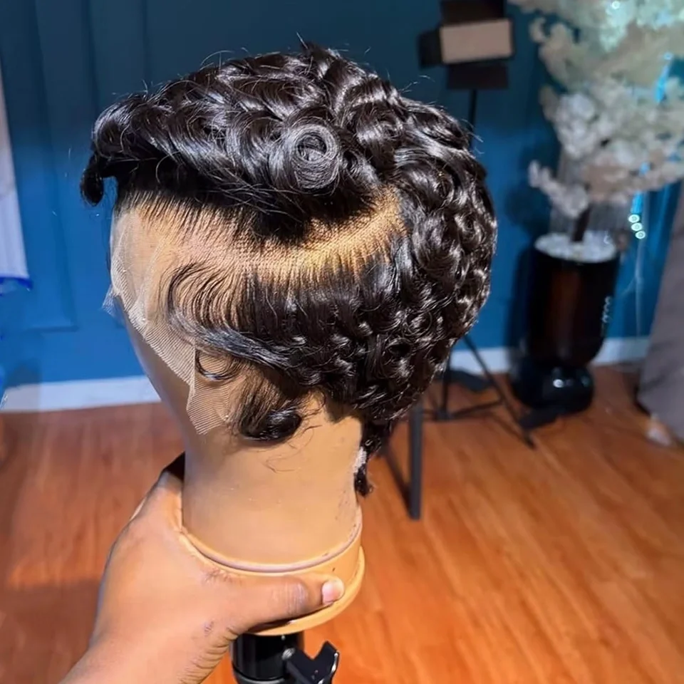13x4 Human Hair Curly Lace Wig Short Pixie Cut Lace Front Wigs Side Part Pre Plucked with Baby Hair Natural Black Indian Hair