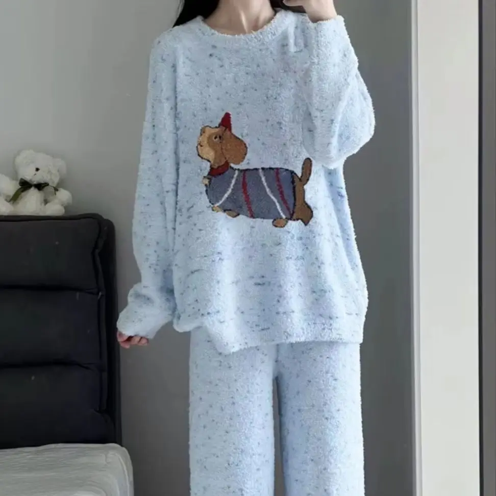 Women's Fleece Pajamas Sweet Cute Puppy Print ThickLong-Sleeve Warm Simple Soft Casual Wear Autumn Winter.