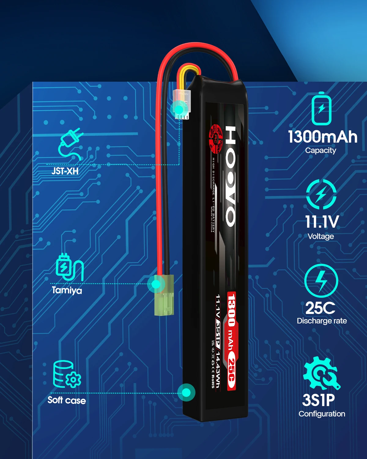 HOOVO 1300mah 11.1v Lipo Battery 3s 25c Rechargeable Battery With Mini Tamiya Connector For Racing Cars, Helicopters Airplanes