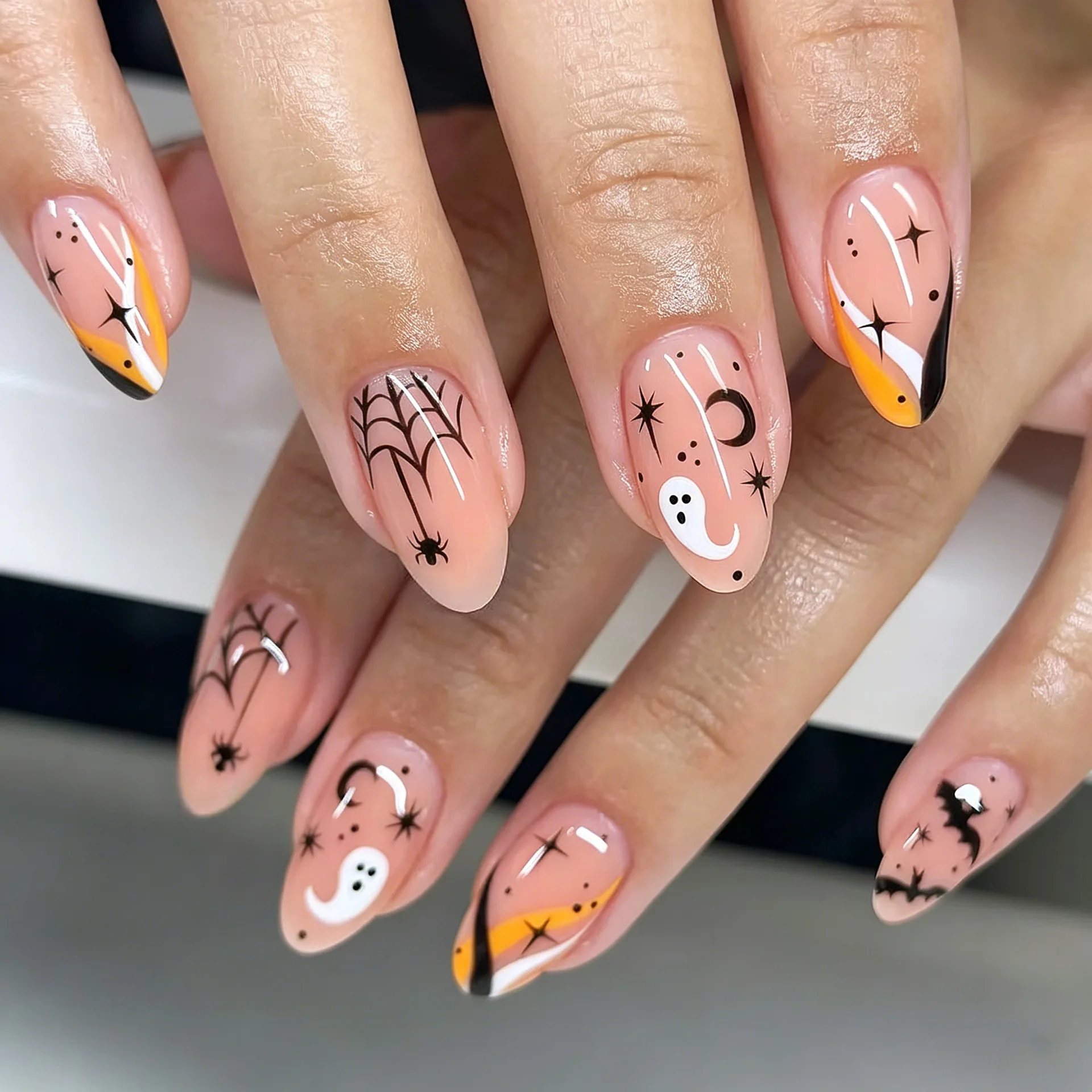30 Pieces of Cross-border Hot-selling Halloween Short Almond Wearing Nail French Painting Ghost Spider Web Bat Nail Art Spot