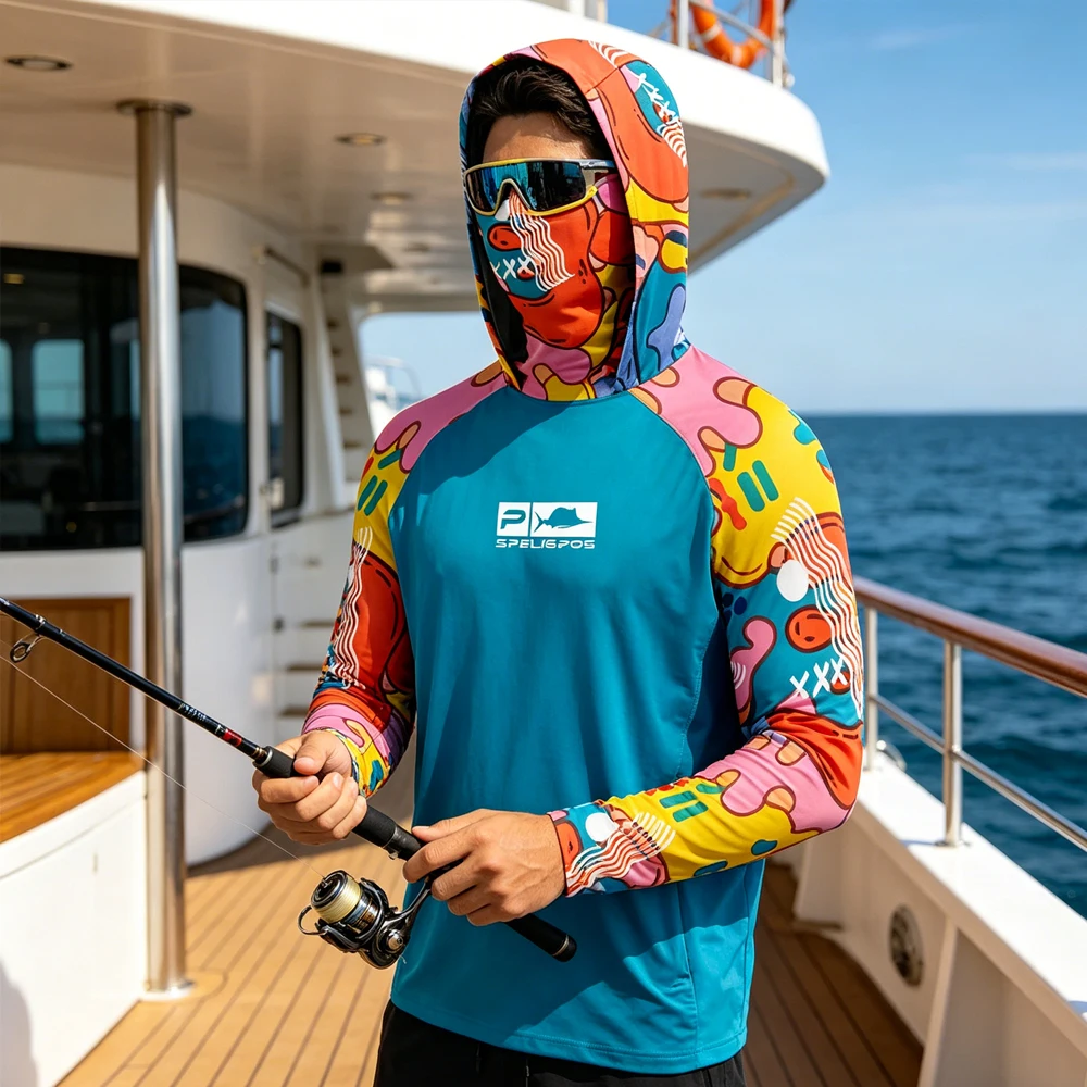 

Летние рыболовные худи с длинным рукавом, мужская рыболовная кепка с защитой для лица UPF50+ от УФ-излучения, дышащая рыболовная рубашка для водных видов спорта и рыбалки