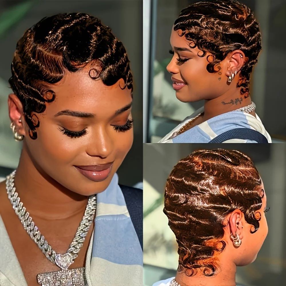 

Короткий парик из натуральных волос с стрижкой пикси и волнистой текстурой на пальцах 99j 4, черный, 13x4, прозрачный парик спереди, предварительно выщипанный парик из линий волос