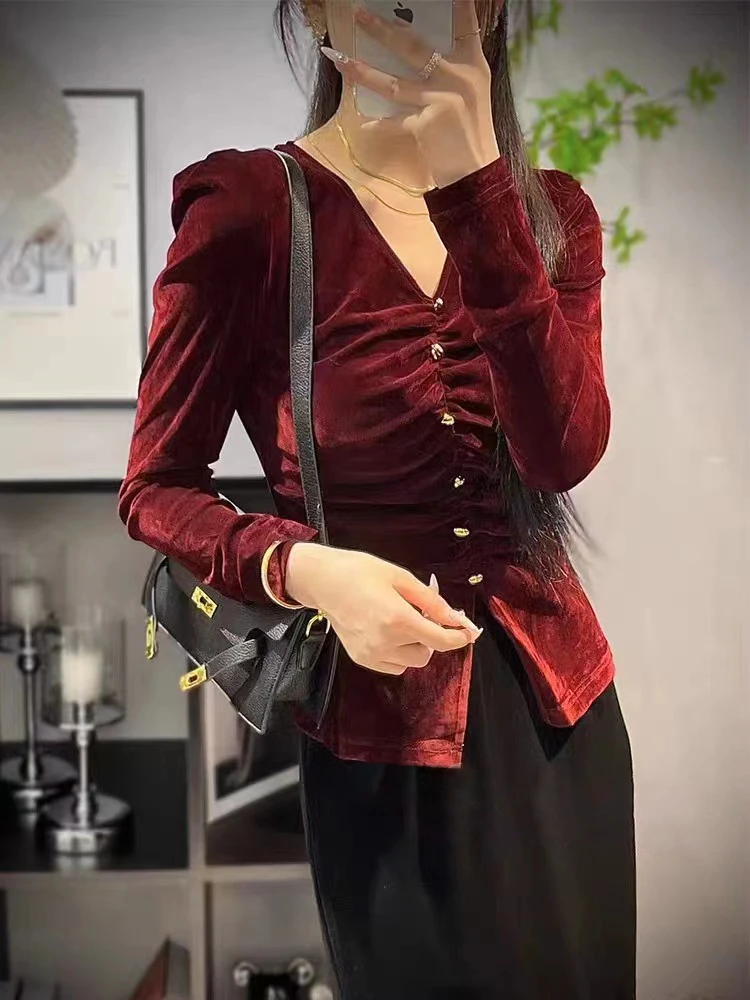 Slim Fit Long Sleeve V-Neck Red Velvet T-Shirt Women's Fashion Autumn New Style Euro Style Folded Hemline Korean Style Commute