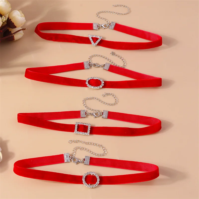 Aihua Sexy Rot Samt Choker Halsketten für Frauen Runde Quadrat Dreieck Kristall Halskette Hochzeit Schmuck Hals Kragen – Detail 3