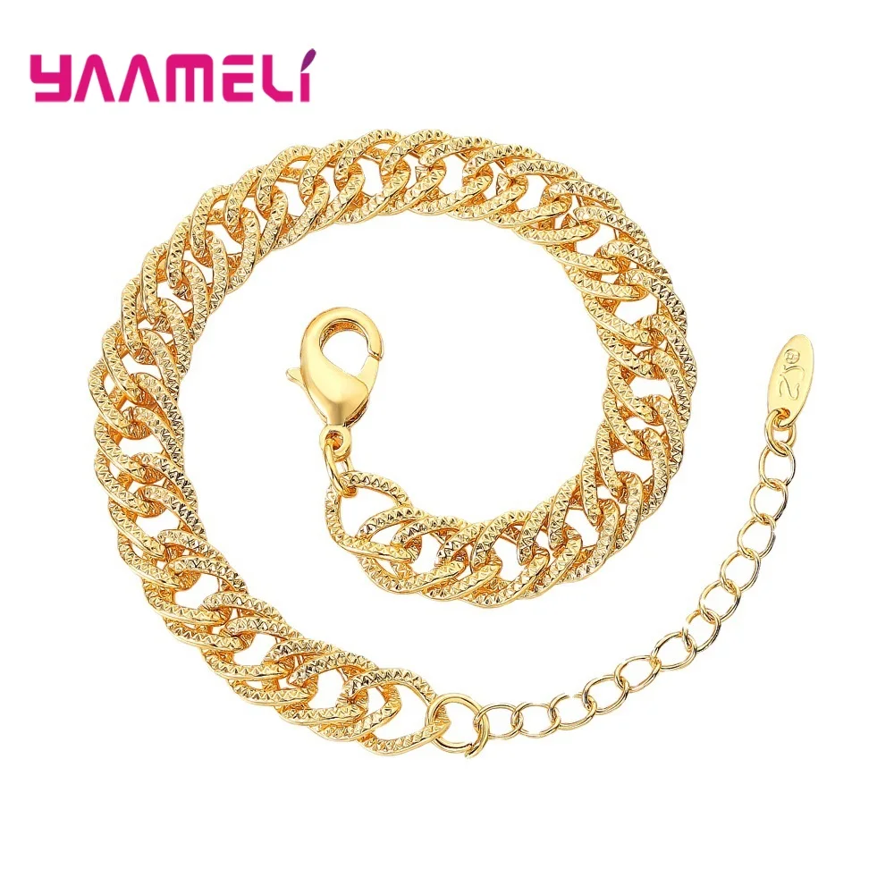 European and American Trend 925 Sterling Silver Bracelets for Women Wide Gold Twisted Chain Men Wristband Bangle with Extender