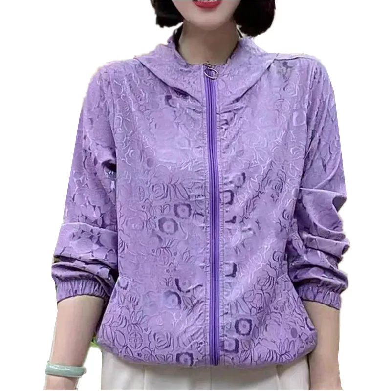 

Women Fashion Sunscreens Coat 2025 Spring Summer New Sun Protection Clothing Hooded Thin Jacquard Mom Jacket Outwear Ladies B995