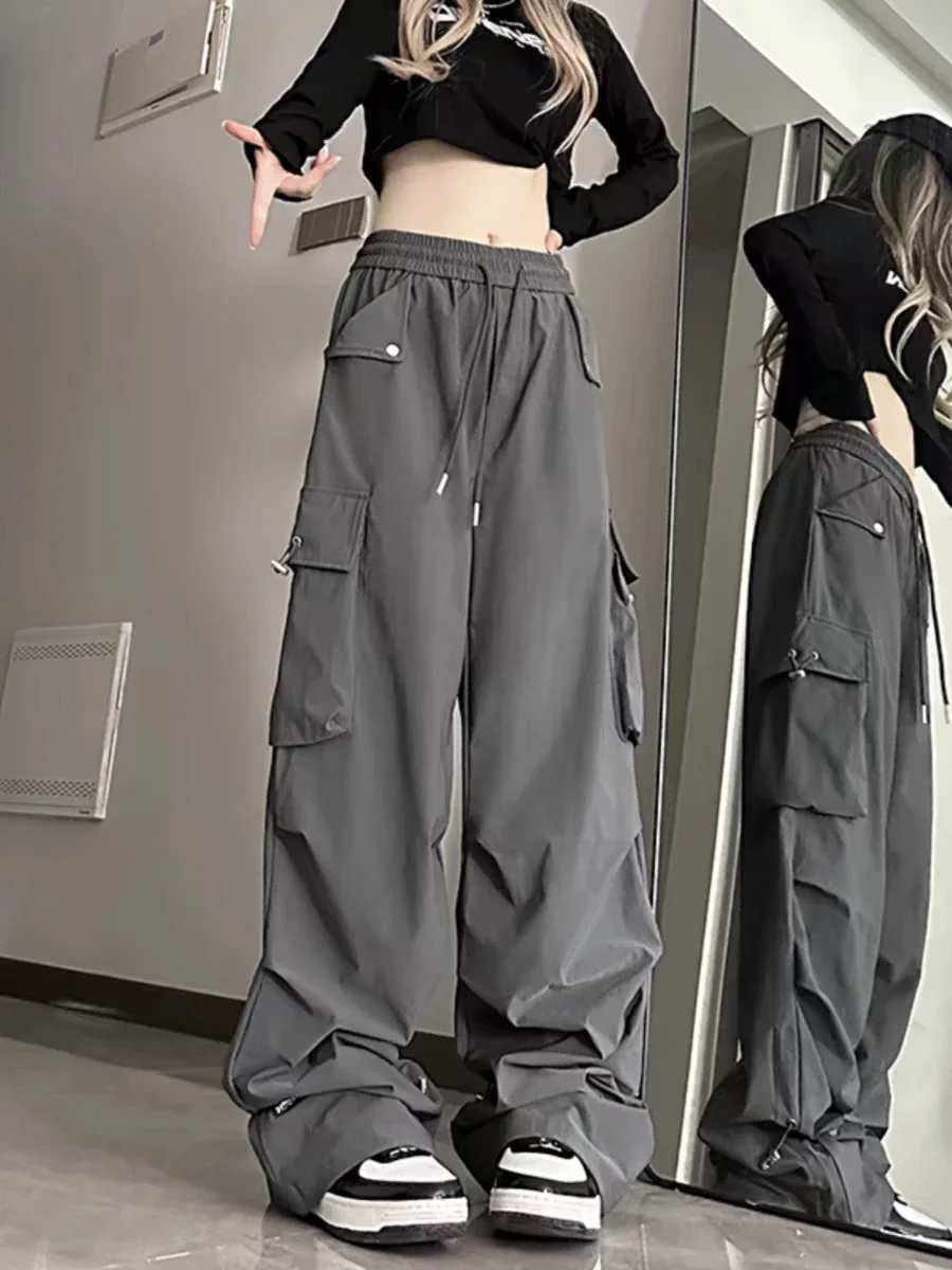 American style large pocket cargo pants women's spring summer new style wide leg pants loose slimming casual sports pants