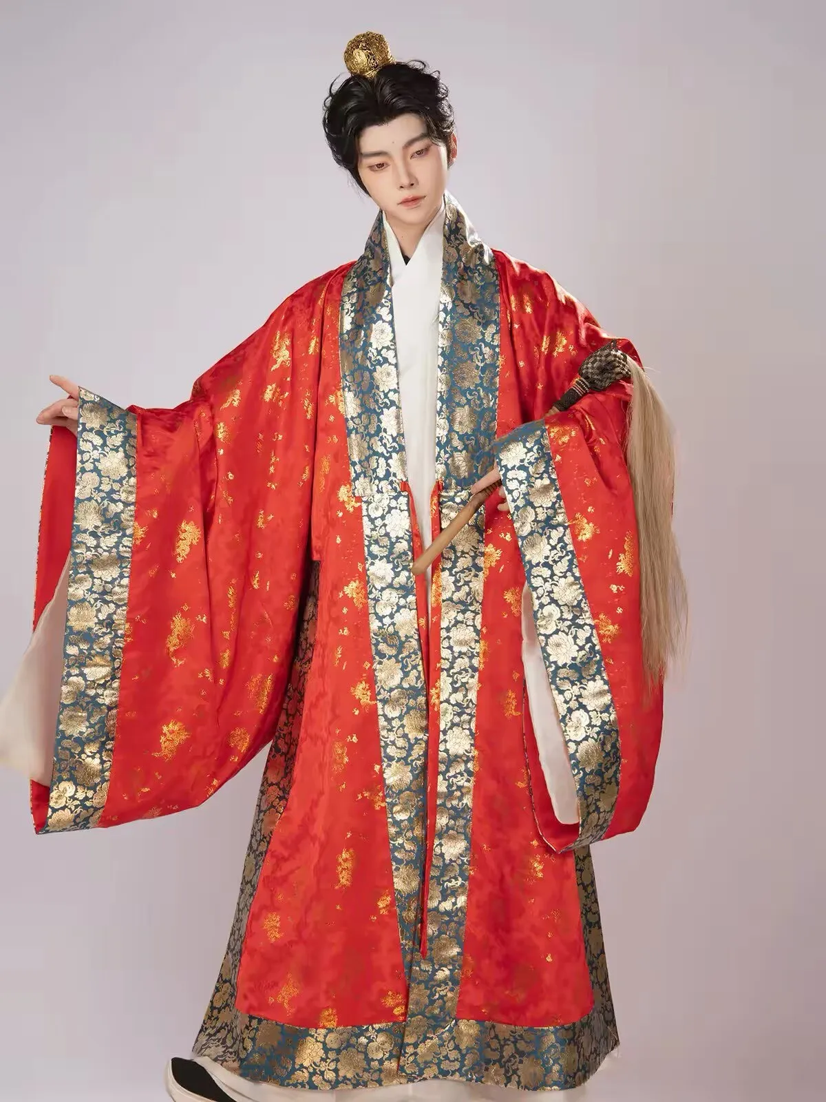 Men Ming Dynasty Hanfu Golden Dragon Jacquard Satin Double Layer Large Lapel Duijin Coat Traditional Chinese Ancient Costume